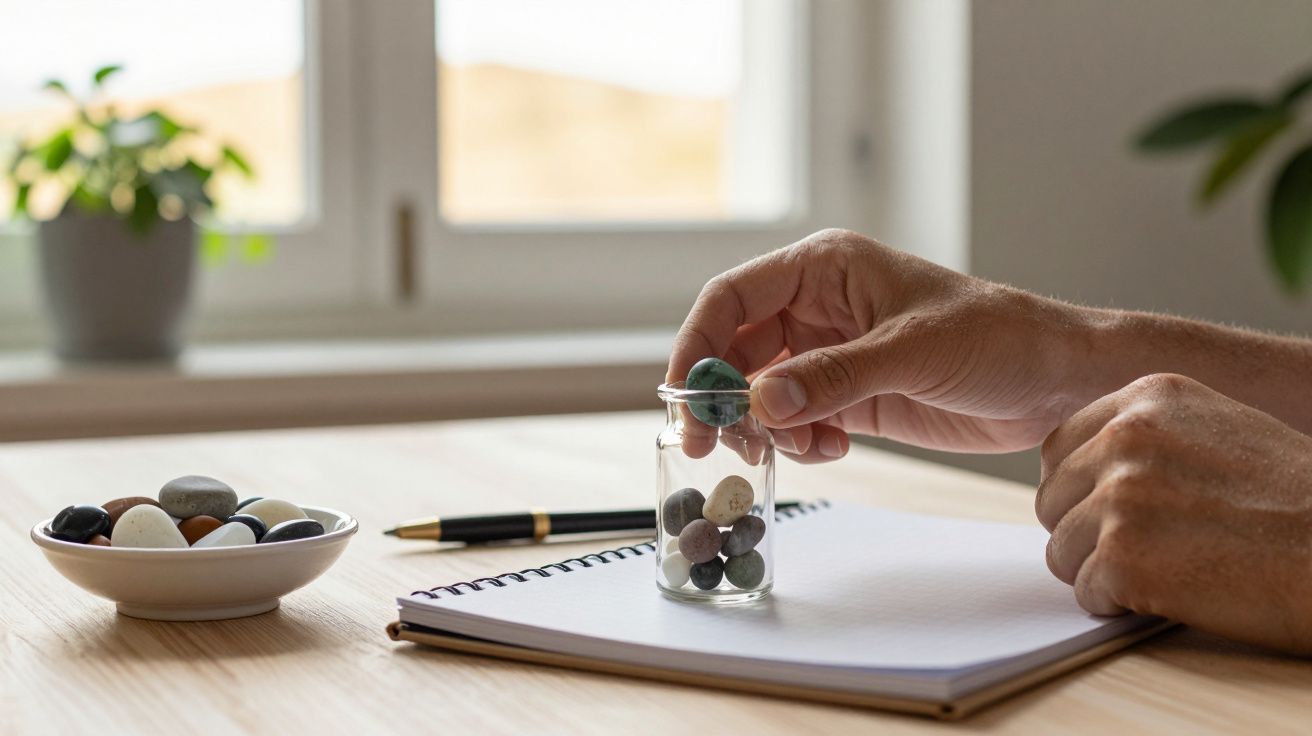 Mão colocando seixo num frasco ao lado de caderno, caneta e planta.