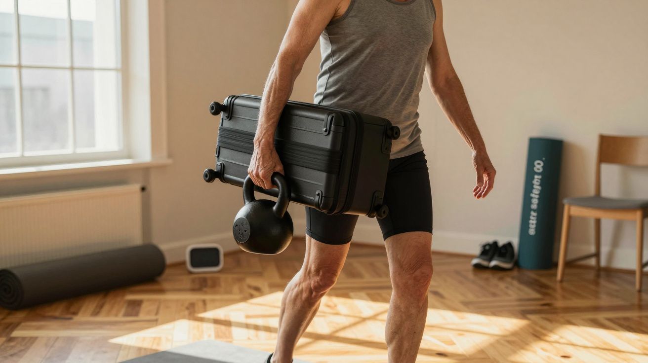 Homem de calções a fazer exercício em casa com kettlebell e mala preta.