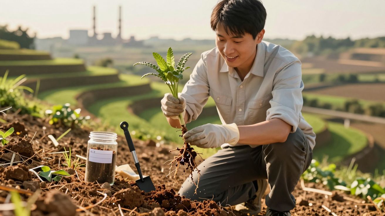 Homem sorridente a plantar uma muda numa horta em socalcos, com ferramentas e uma jarra ao lado.