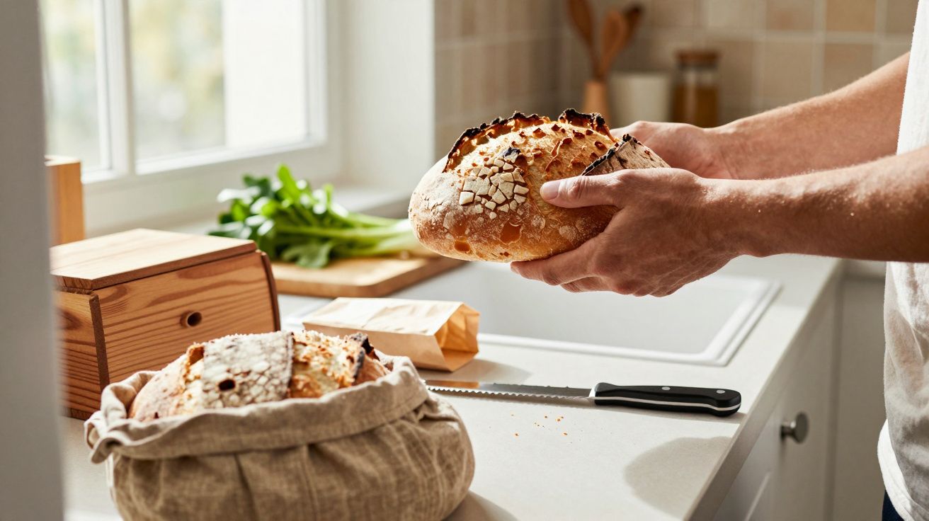 Pessoa segura pão fresco em bancada de cozinha com faca e cesta ao lado.