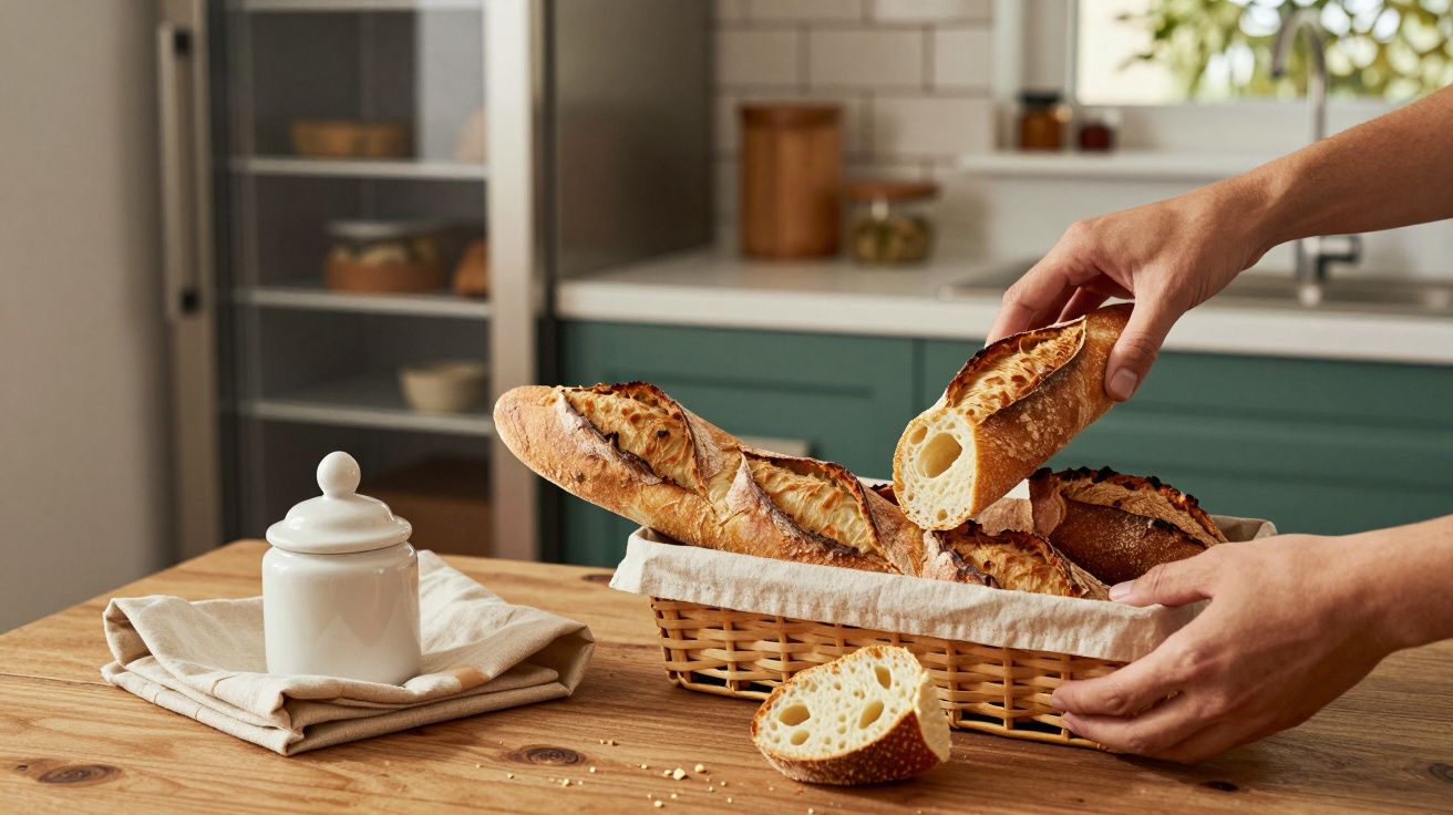 Pessoa pega baguete em cesto de pão sobre mesa de madeira, com fundo de cozinha.