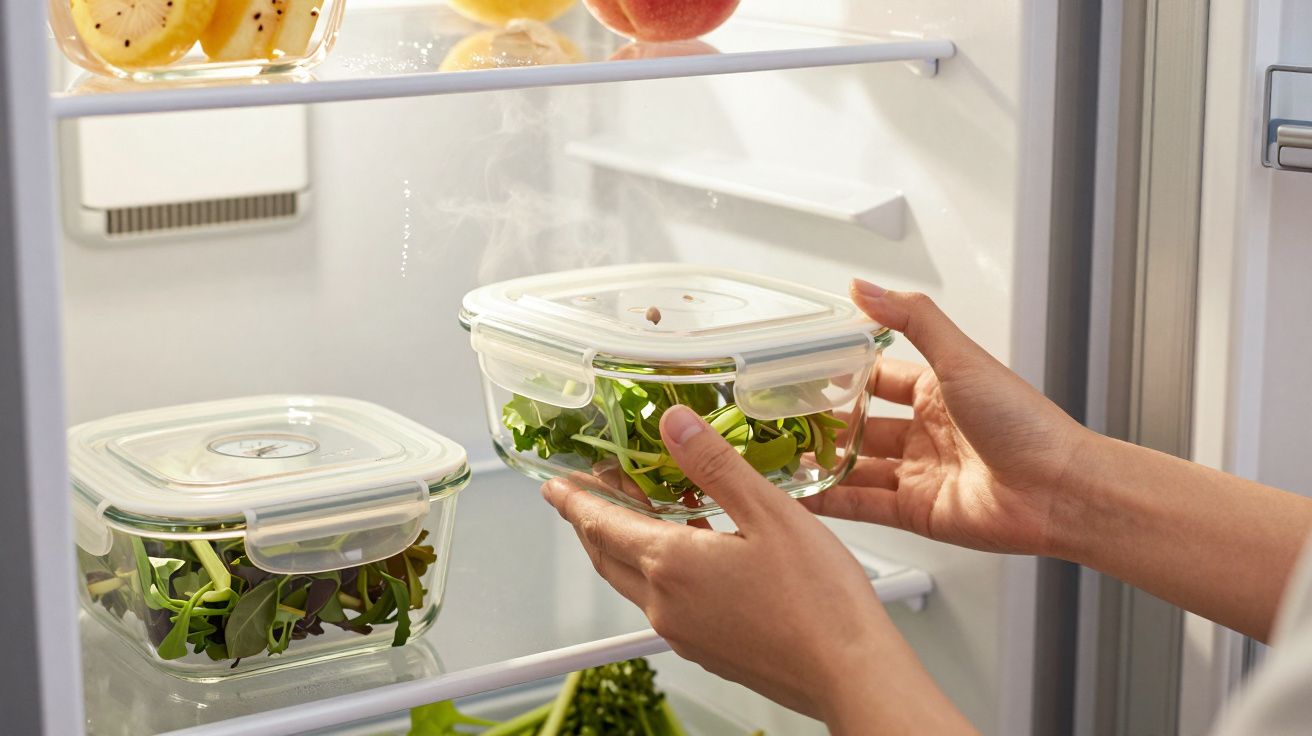 Mãos a guardar um recipiente de vidro com salada no frigorífico, ao lado de outro recipiente, fruta na prateleira acima.