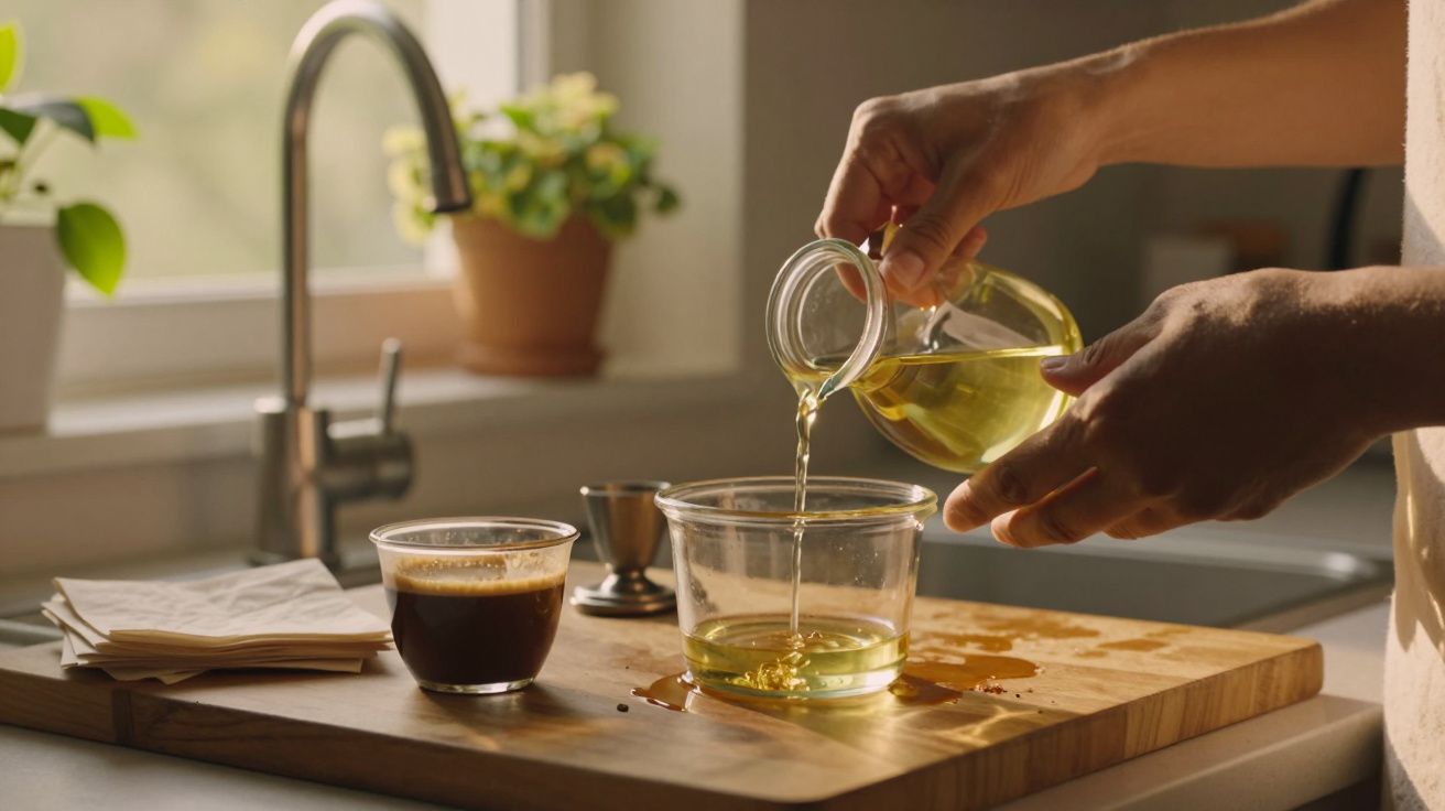 Mãos a verter óleo num recipiente de vidro numa cozinha iluminada, com plantas ao fundo e café na bancada.