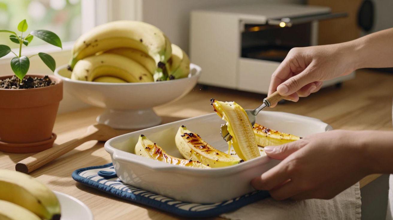 Pessoa cortando bananas grelhadas numa travessa, com bananas e planta em vaso ao fundo.