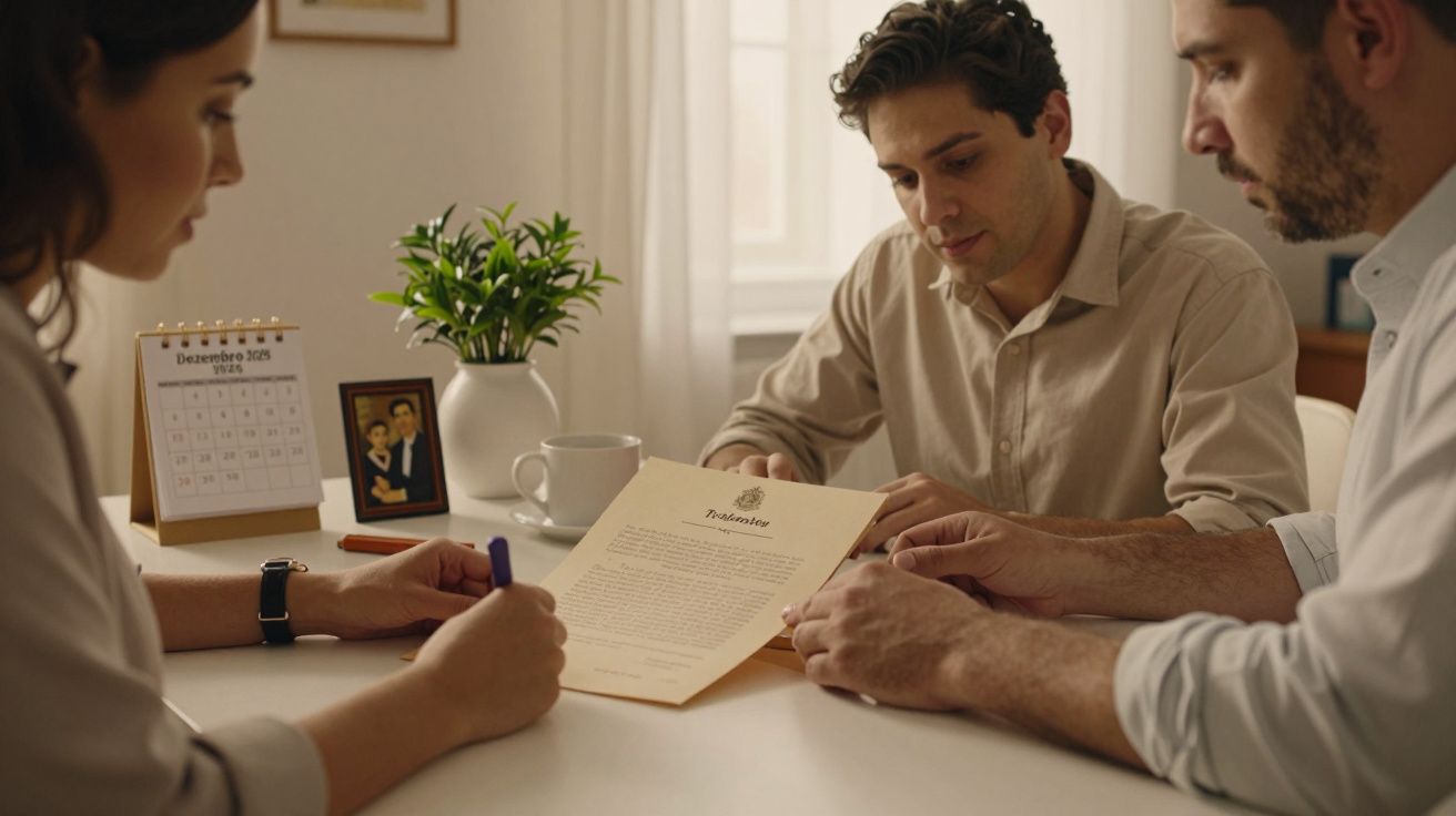 Três pessoas discutem um documento à mesa; ao fundo, um calendário de dezembro de 2018 e uma planta.