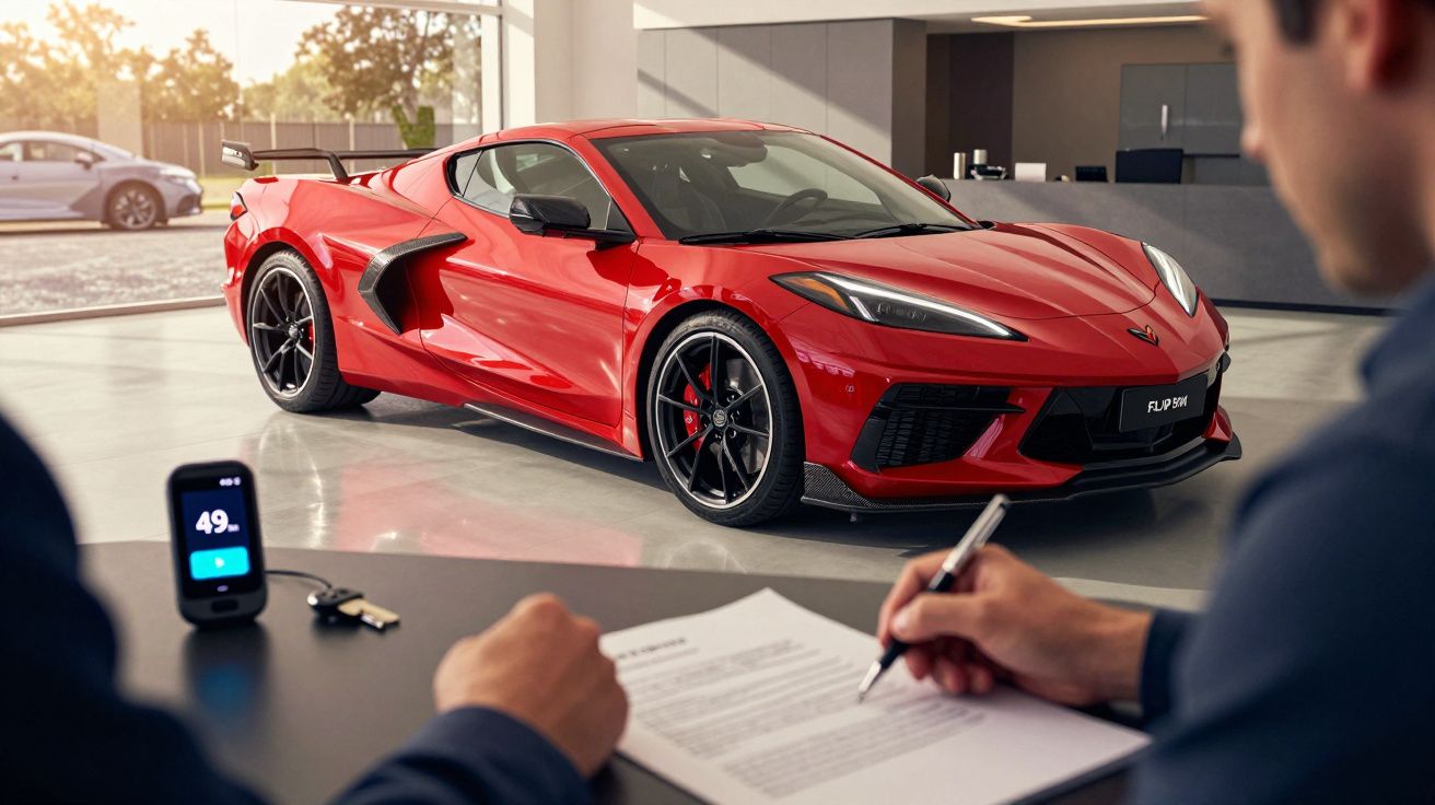 Homem assinando papéis em frente a um carro desportivo vermelho num showroom iluminado.