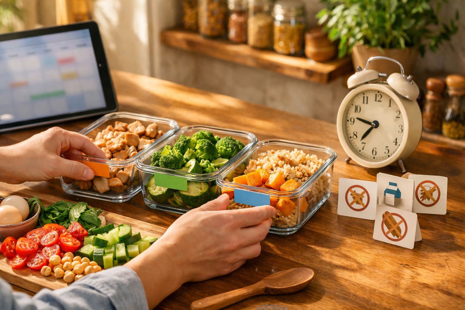 Homem prepara ingredientes em frascos numa bancada de cozinha, incluindo folhas verdes, nozes e um líquido claro.