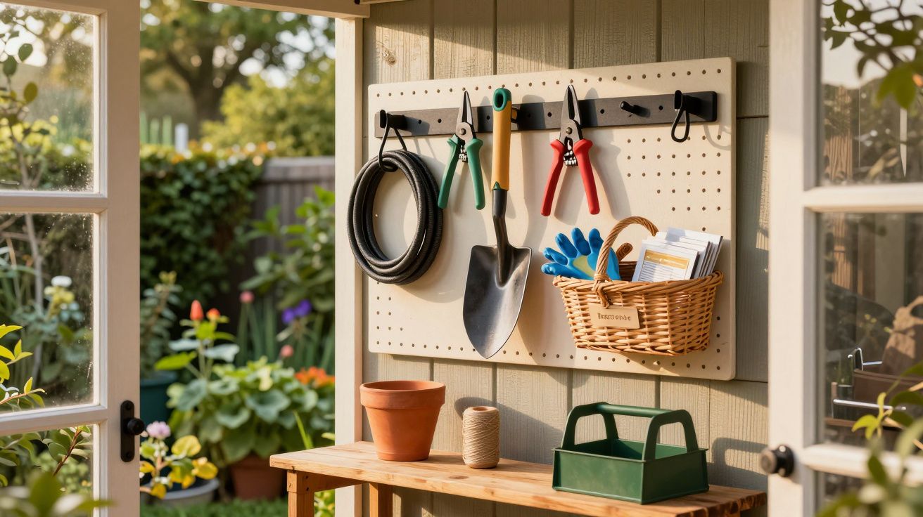 Prateleira com ferramentas de jardinagem penduradas e cestos, vista para um jardim florido através da porta aberta.
