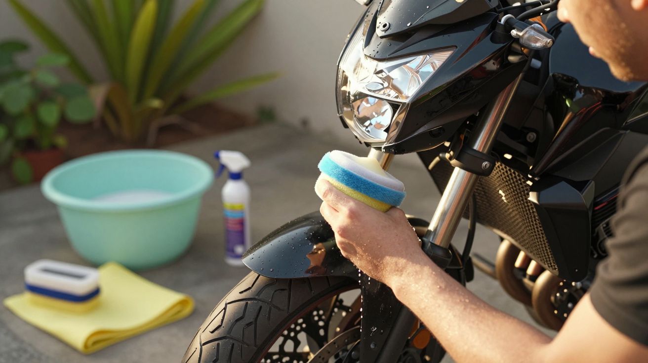 Pessoa a lavar moto preta com esponja, com balde e produtos de limpeza ao fundo.