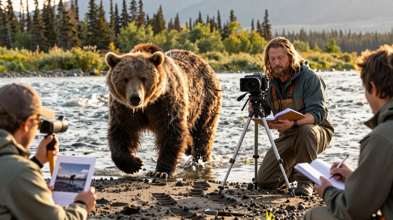Urso pardo caminha em direção a naturalistas que fotografam e anotam observações numa margem de rio com árvores ao fundo.