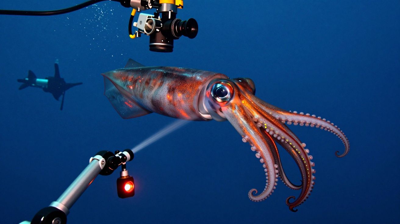 Lula gigante nadando no oceano, iluminada por luzes e câmaras subaquáticas, com robô ao fundo.