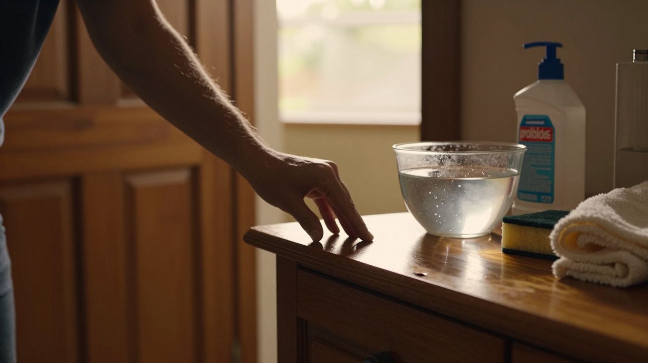 Mão tocando uma mesa de madeira com tigela de água, toalha branca e frasco de desinfetante ao lado.