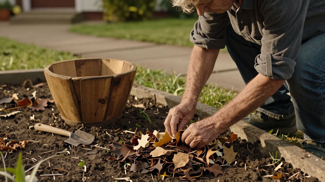 Homem ajoelhado no jardim a recolher folhas secas, com um balde de madeira e uma pequena pá ao lado.