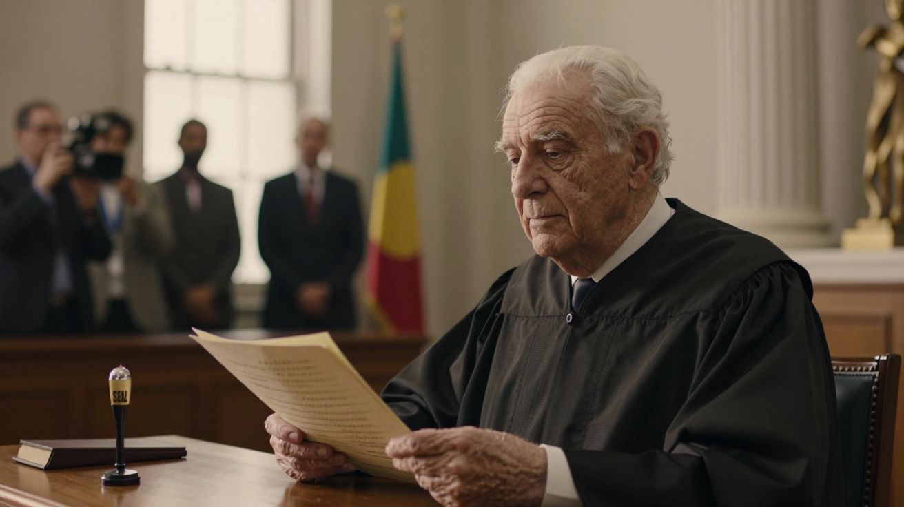 Juiz idoso sentado numa sala de tribunal, segurando um documento, com pessoas ao fundo e bandeira visível.