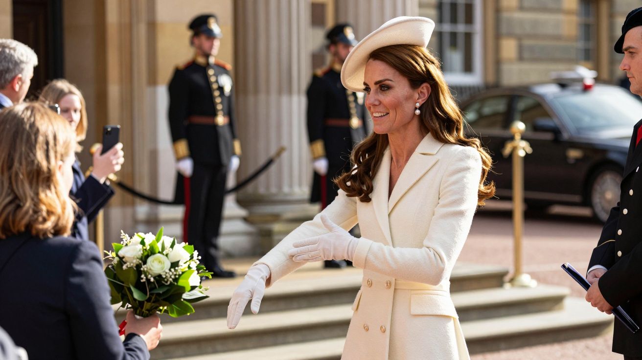 Mulher com vestido claro e chapéu branco cumprimenta pessoa com flores. Guardas fardados ao fundo.
