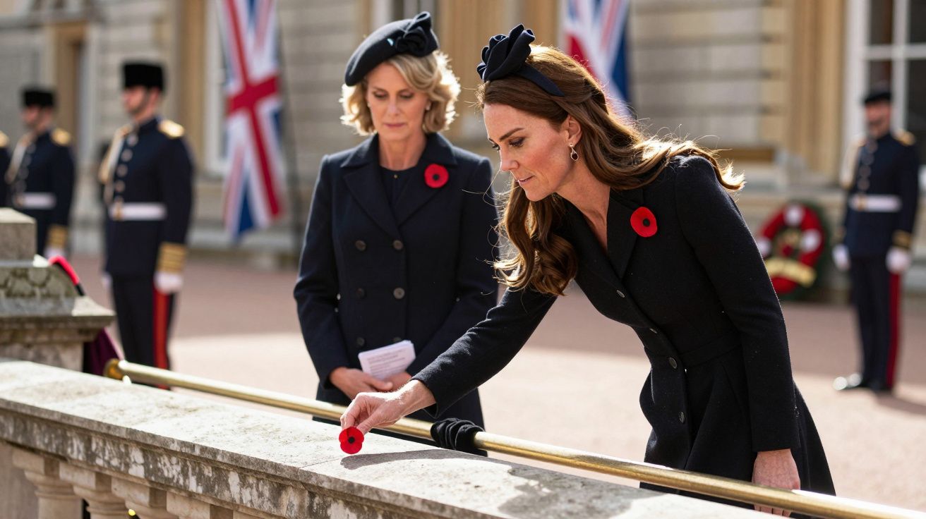 Mulheres em roupas formais depositam papoilas vermelhas em homenagem, com guardas britânicos ao fundo.