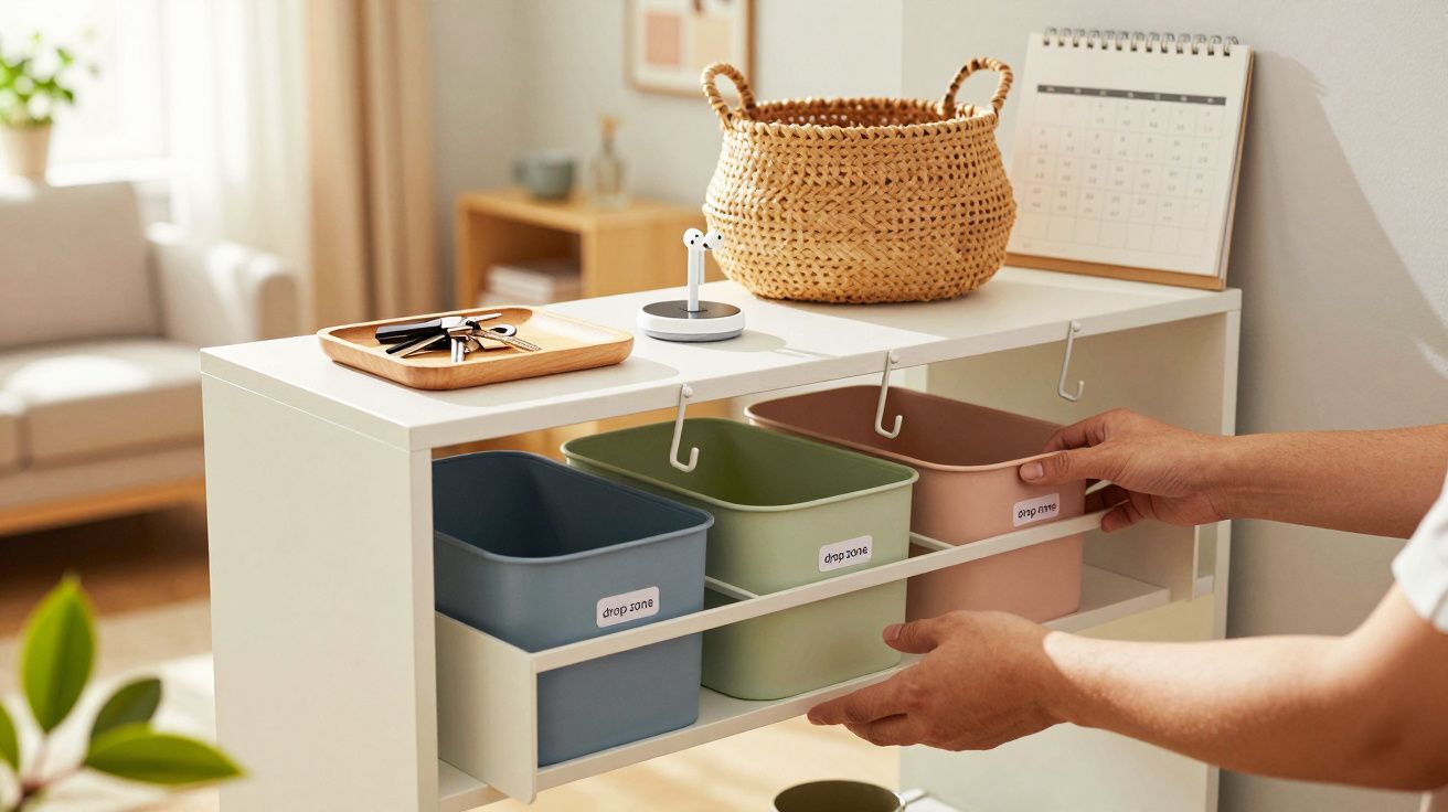 Mãos organizam caixas coloridas em prateleira de metal branco; cesta de vime e acessórios sobre a prateleira.