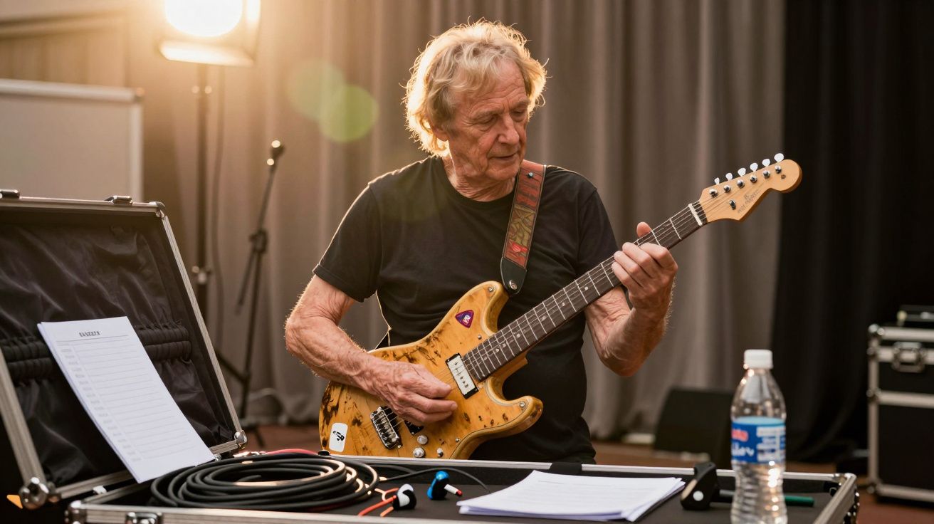 Homem tocando guitarra elétrica numa sala com equipamento musical e partitura sobre a mesa.