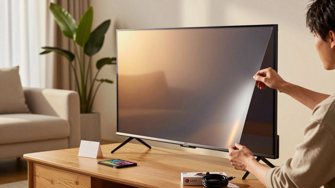Pessoa a retirar película de um televisor numa sala iluminada, com mesa de madeira e planta ao fundo.