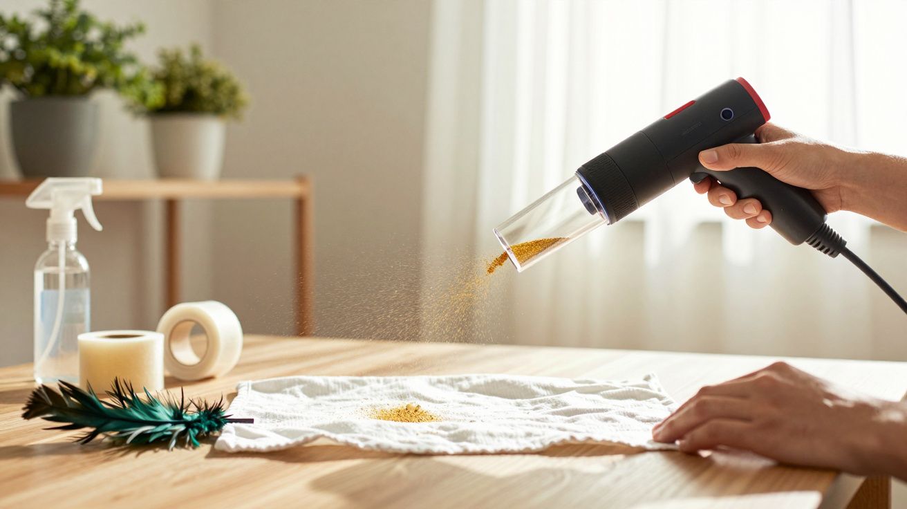 Pessoa a usar uma pequena pistola de limpeza para remover pó de um pano branco sobre uma mesa de madeira.