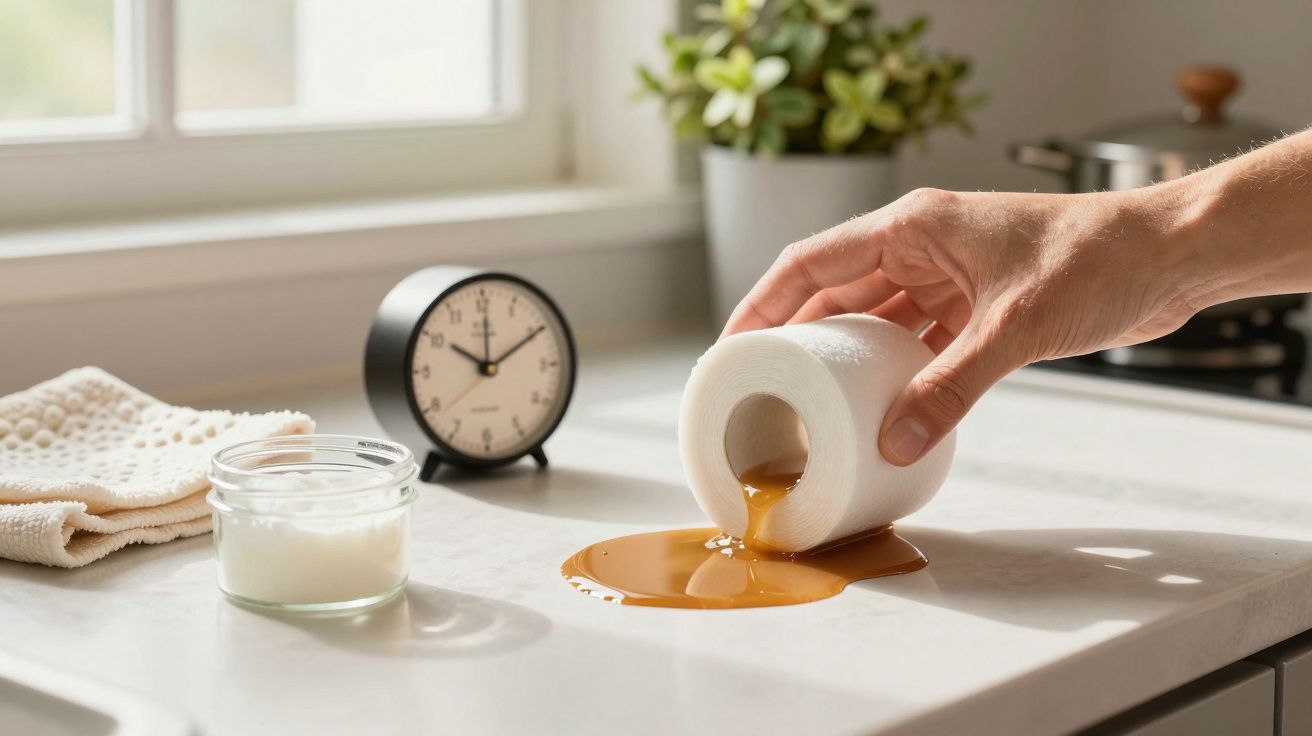 Mão segurando um rolo de papel higiénico a verter líquido num balcão de cozinha, com relógio e planta ao fundo.