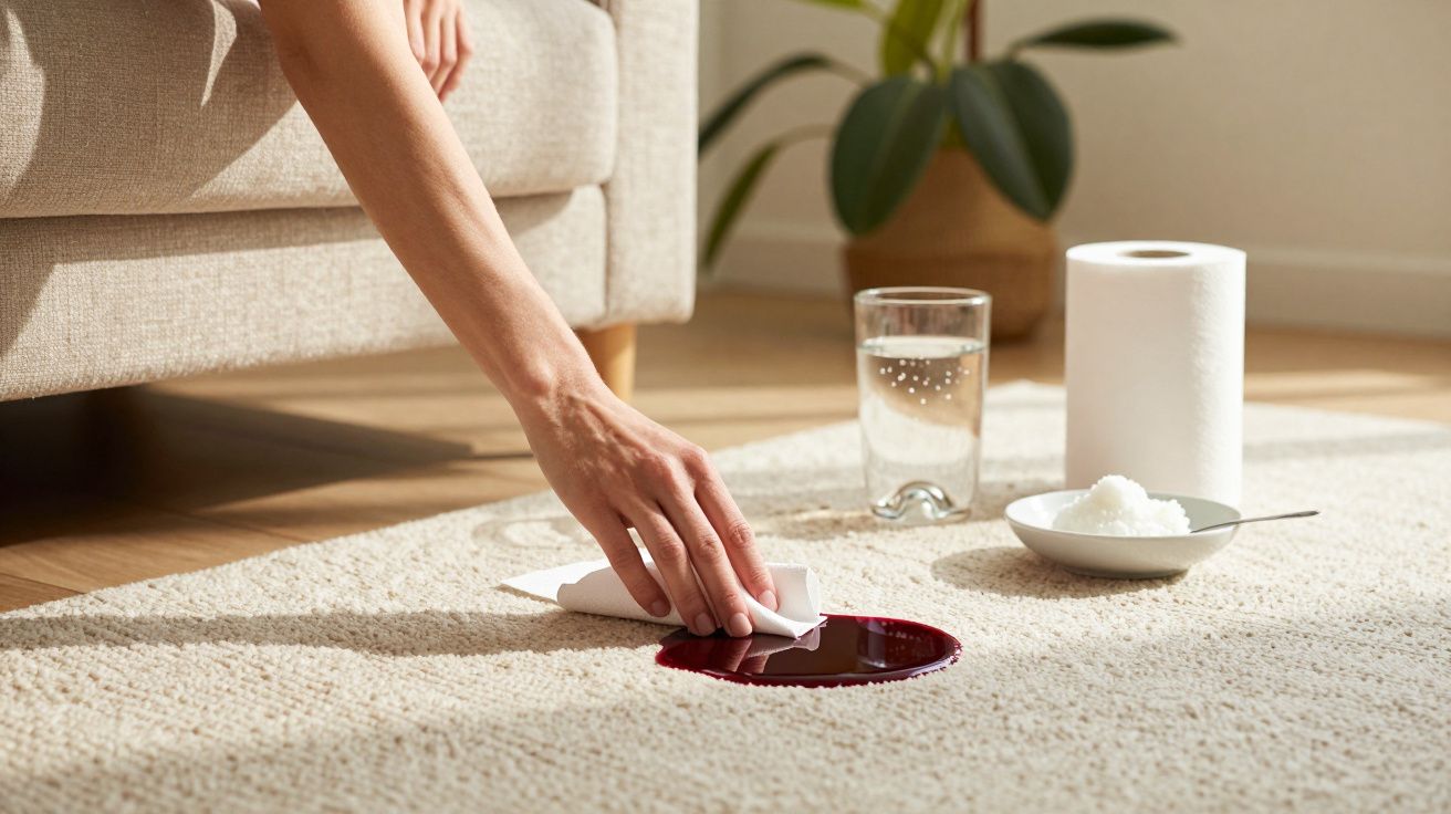 Pessoa limpando mancha vermelha no tapete com papel; ao lado, copo de água e rolo de papel.