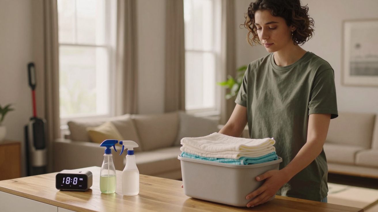 Mulher a segurar uma caixa com toalhas dobradas numa sala iluminada. Produtos de limpeza e relógio na mesa.