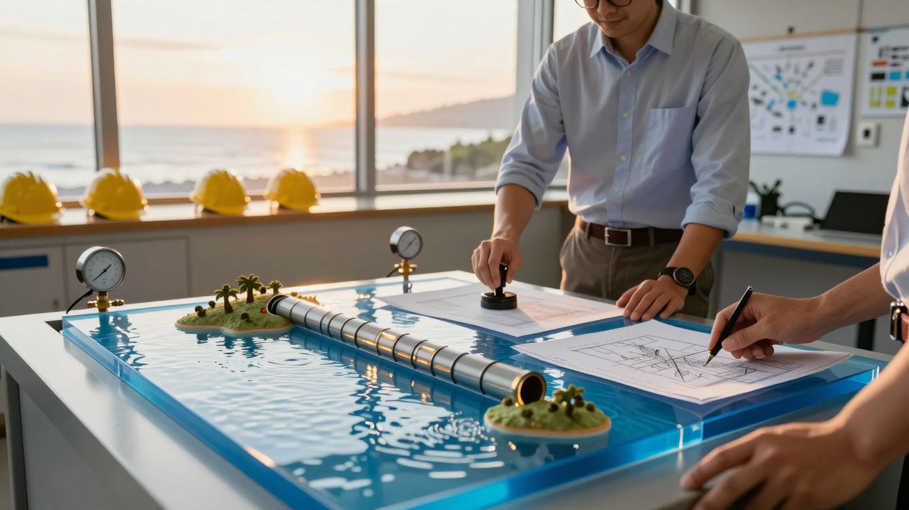 Engenheiros analisam modelo de tubulação numa mesa com água, ao pôr-do-sol. Capacetes de segurança ao fundo.