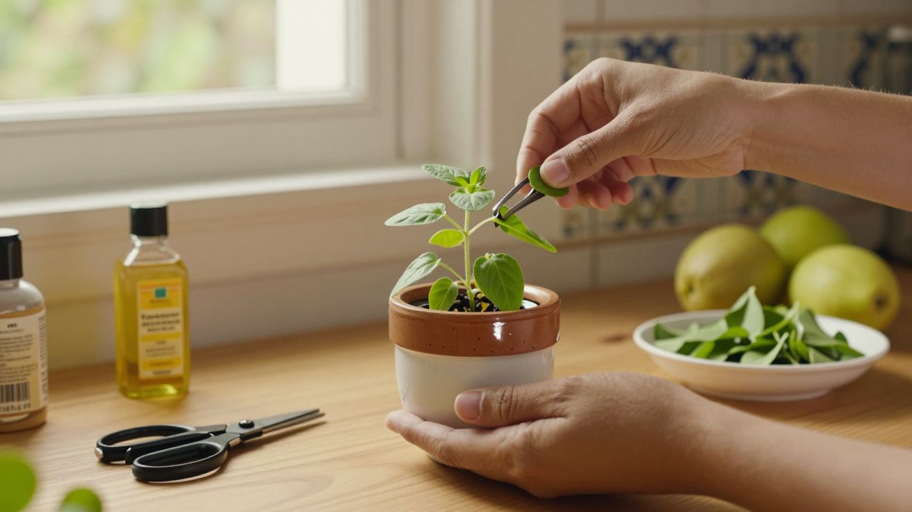 Mãos podando planta num vaso sobre mesa de cozinha, com tesoura, ervas e limões ao fundo.