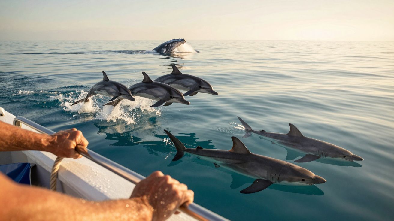 Pessoa segura uma corda num barco enquanto golfinhos nadam ao lado e uma baleia emerge ao fundo no mar calmo.
