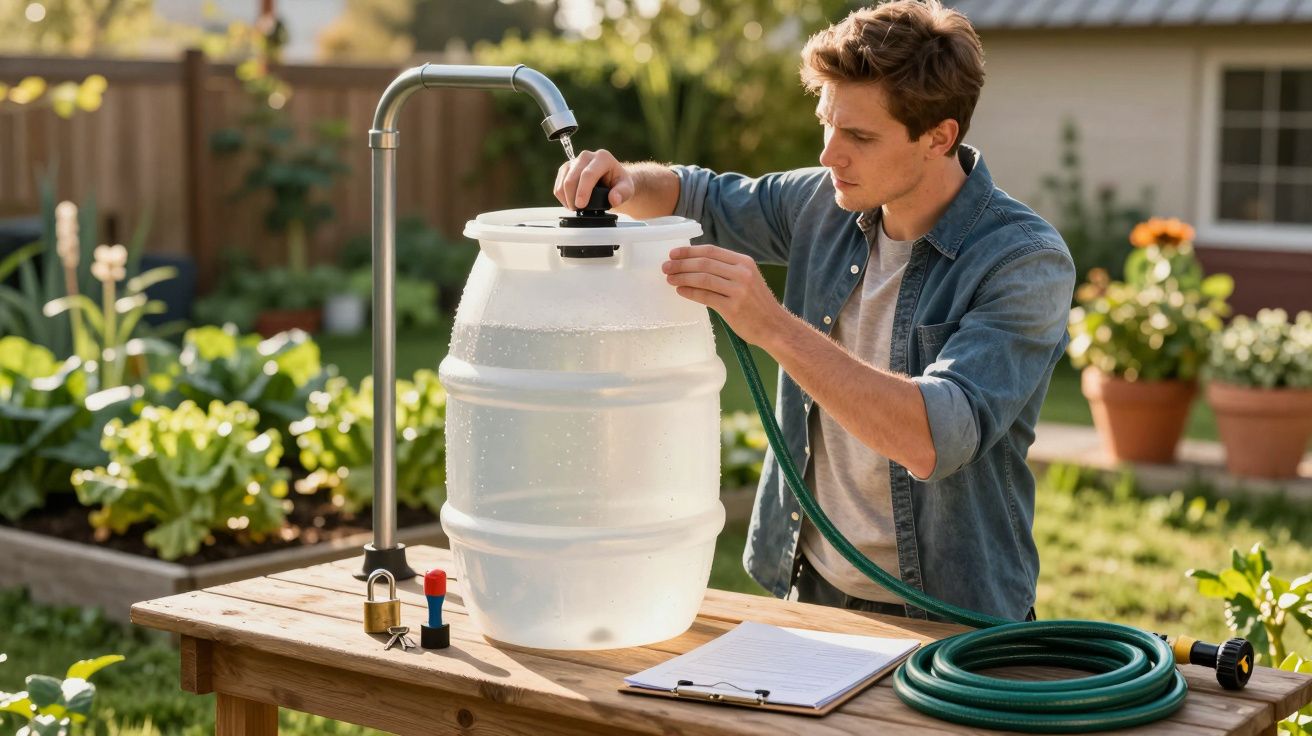 Homem ajusta tampa de barril de água em mesa de jardim, perto de mangueira e prancheta, com plantas ao fundo.