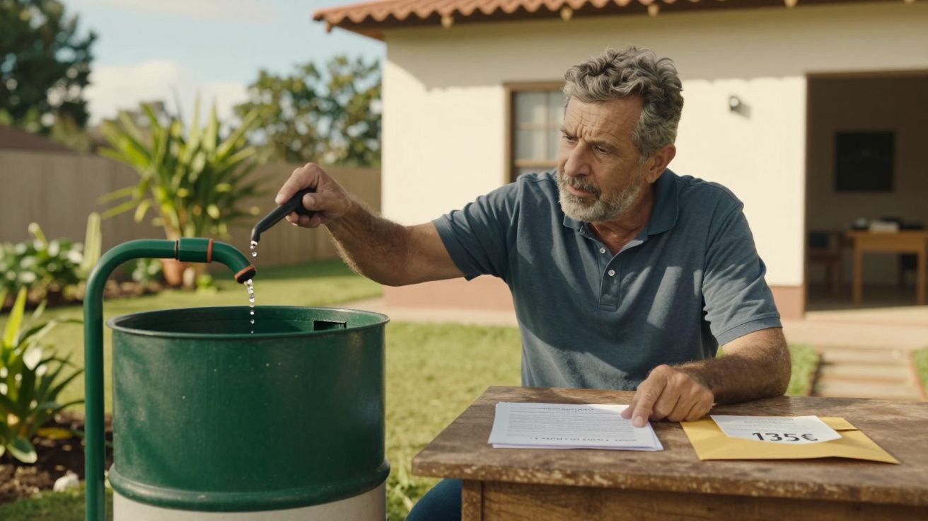 Homem ajusta a torneira de um reservatório no jardim, ao lado de documentos sobre uma mesa de madeira.