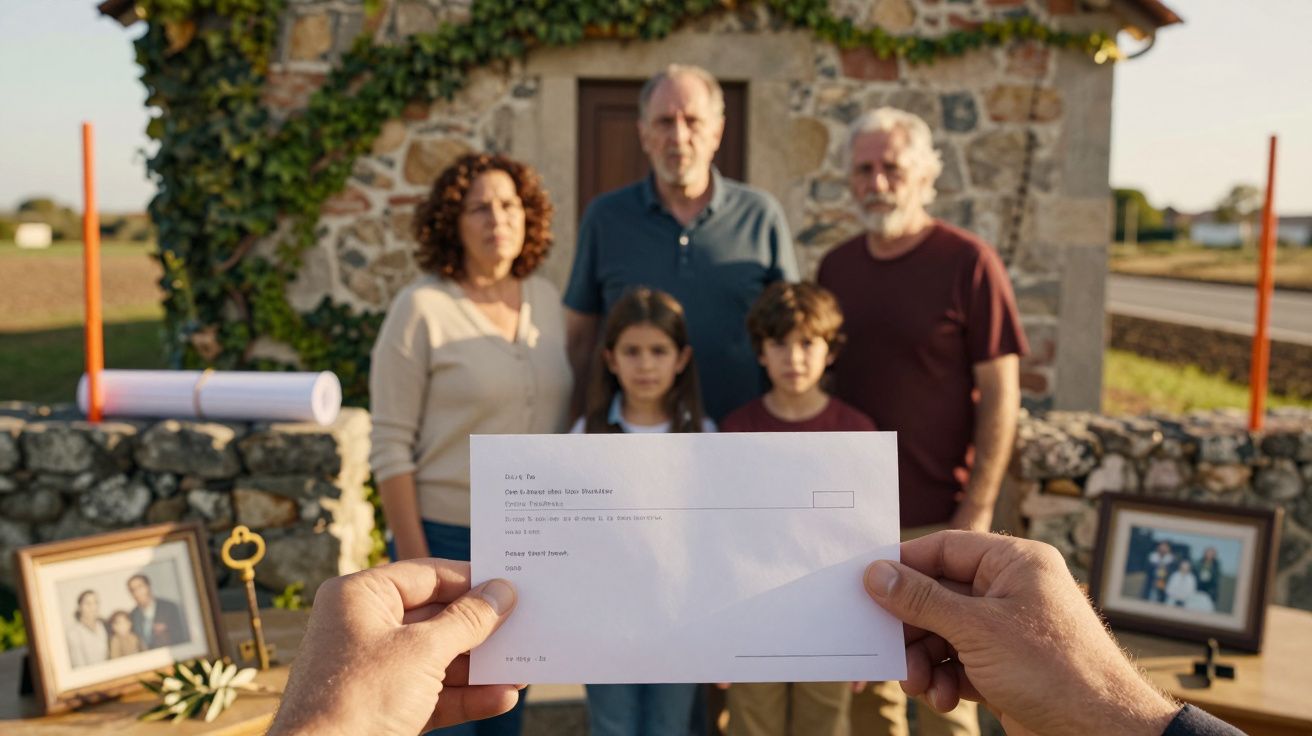Grupo de pessoas em frente a uma casa de pedra, com um envelope em primeiro plano.
