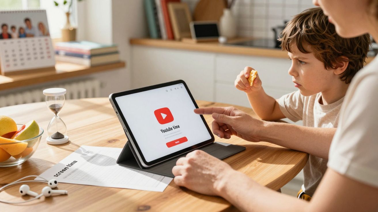 Adulto e criança a ver YouTube num tablet na mesa da cozinha. Há frutas, auscultadores e um cronómetro na mesa.