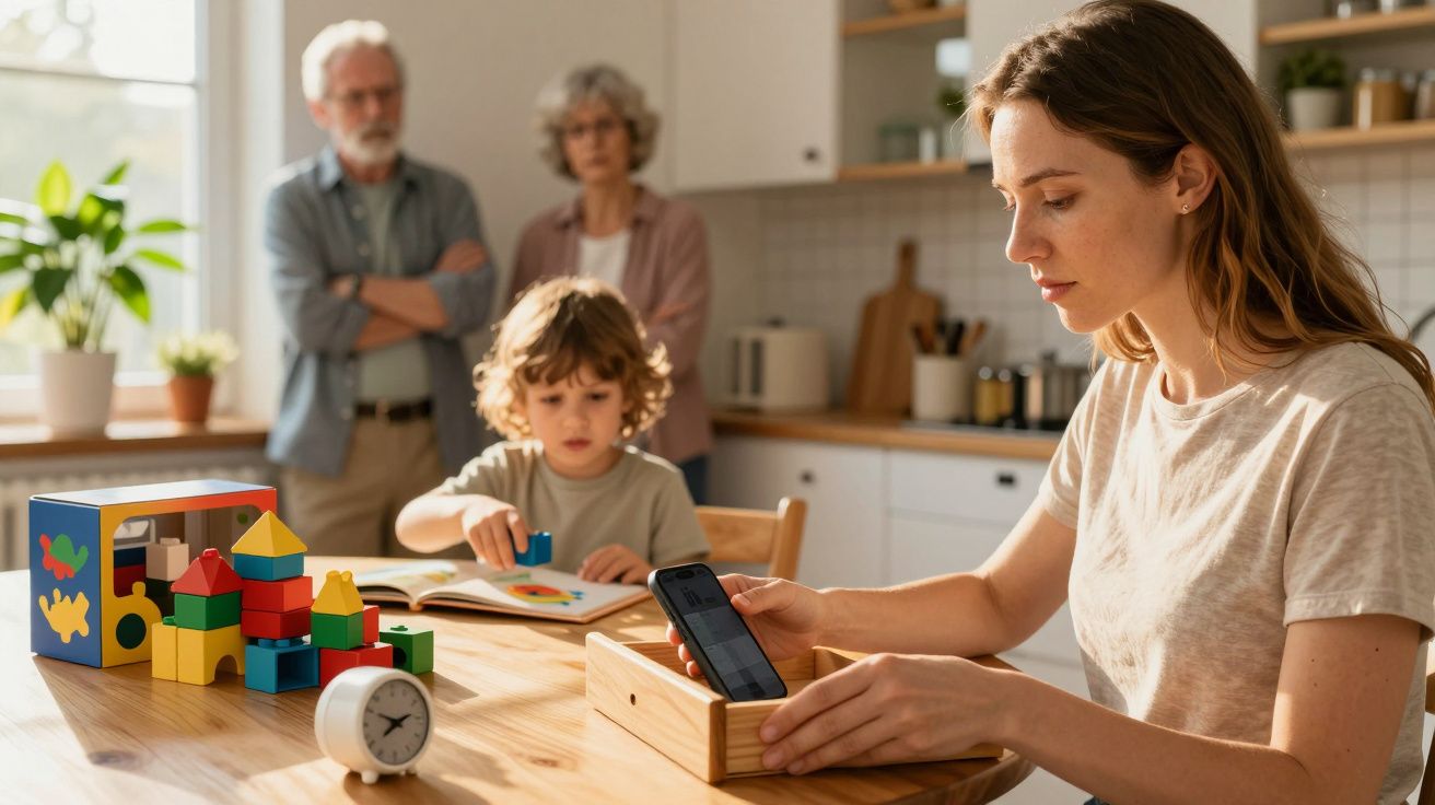 Mulher usa tablet à mesa, enquanto criança brinca com blocos e dois adultos observam ao fundo na cozinha iluminada.