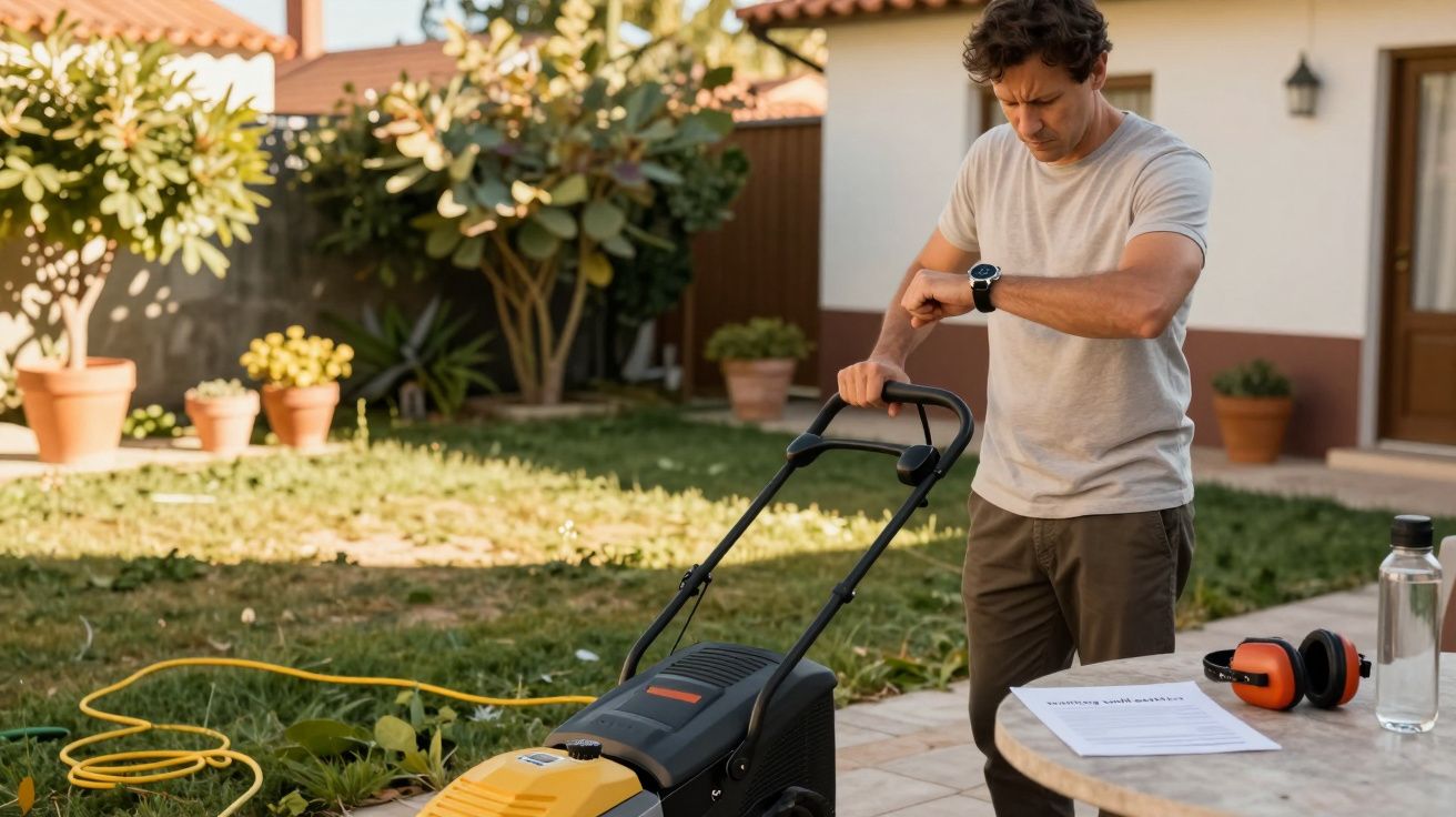 Homem no jardim verifica o relógio enquanto segura um corta-relva. Mesa com papel, protetores auriculares e garrafa.