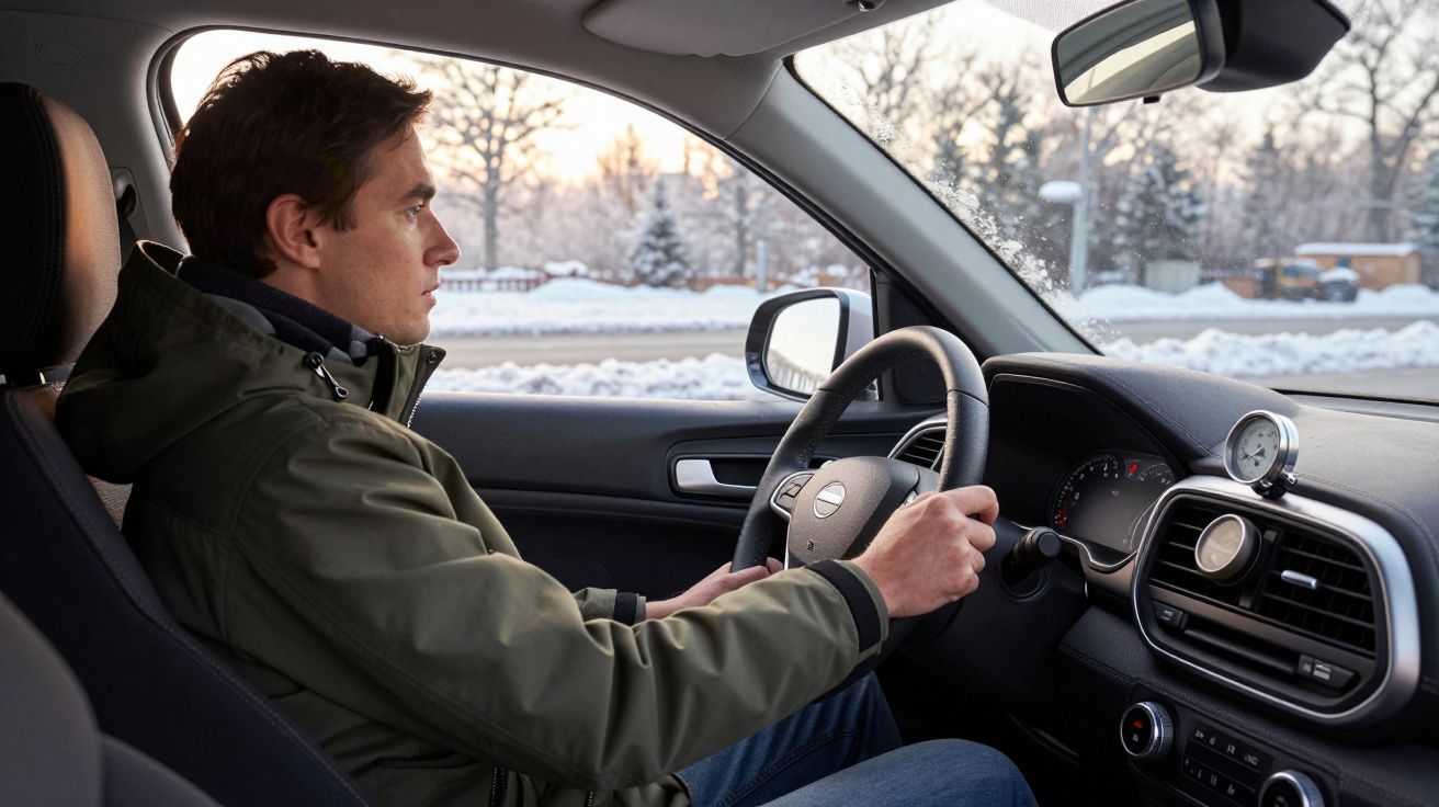 Homem a conduzir carro num cenário de inverno com neve, vestindo casaco cinzento.