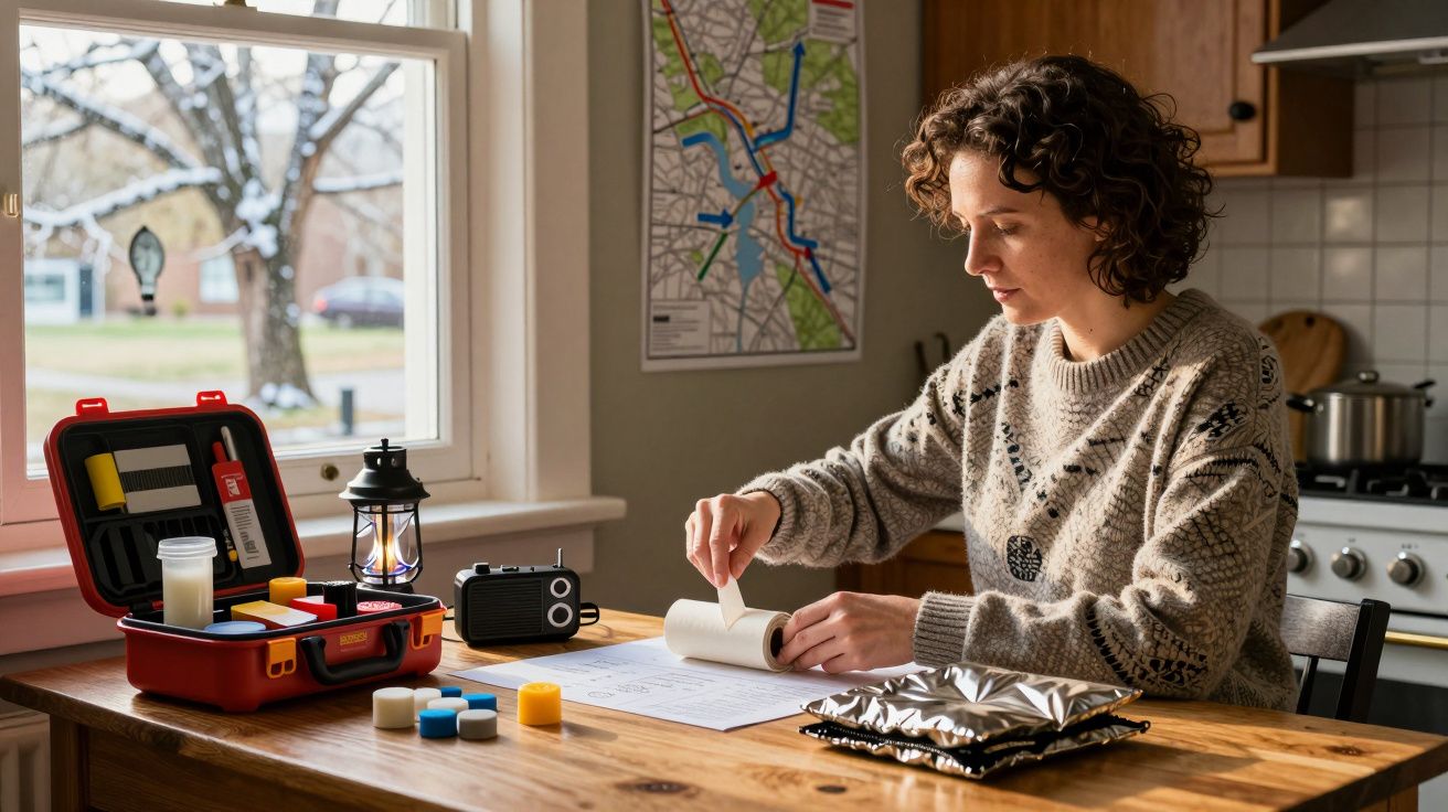 Mulher analisa mapa na cozinha com rádio, lanterna e kit de emergência sobre a mesa.