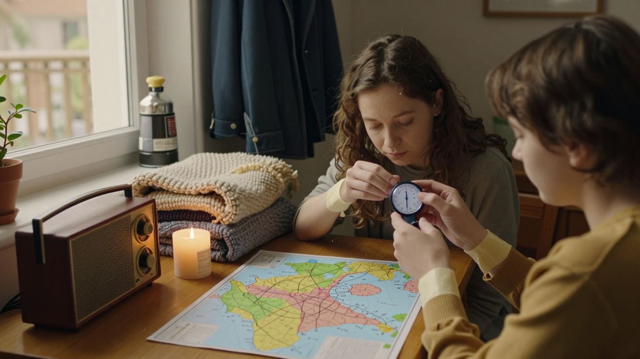 Duas pessoas consultam um mapa numa mesa, com uma bússola e vela acesa ao lado. Rádio e mantas no parapeito da janela.