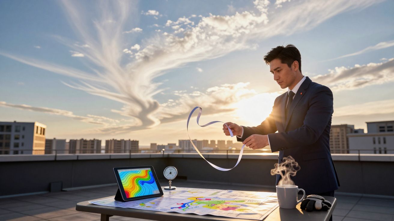 Homem de fato ajusta fita ao pôr do sol num terraço. Mesa com tablet, mapas, chávenas e auriculares.