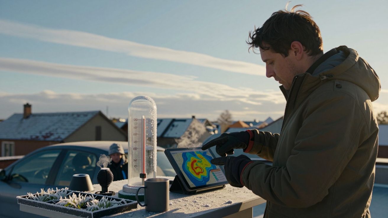 Homem observa tablet com mapa meteorológico ao ar livre. Equipamento de medição e chávena na mesa coberta de neve.