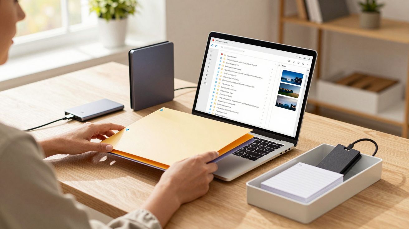 Pessoa organiza documentos em frente a um portátil com ecrã aberto, em ambiente de escritório minimalista.