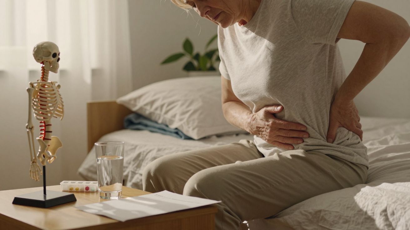 Mulher sentada na cama agarrando as costas com dor, mesa à frente com esqueleto pequeno, copo de água e comprimidos.