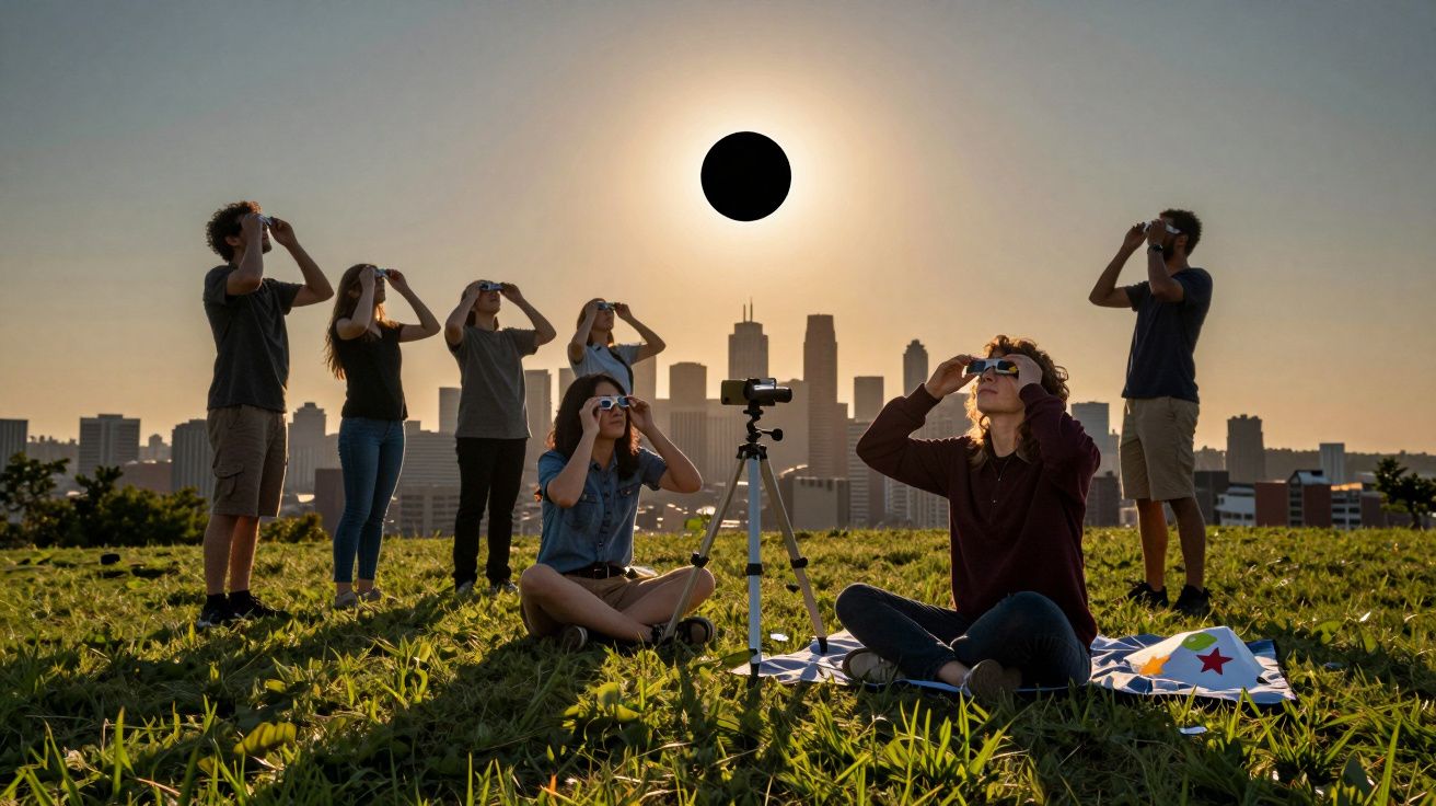 Grupo de pessoas observa eclipse solar na cidade usando óculos de proteção.