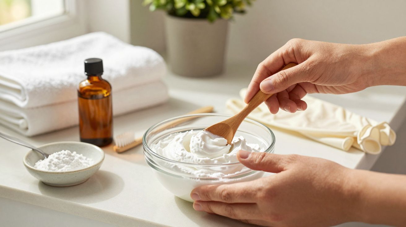 Mãos misturam creme branco numa tigela de vidro com uma colher. Toalhas dobradas e frasco âmbar ao fundo.