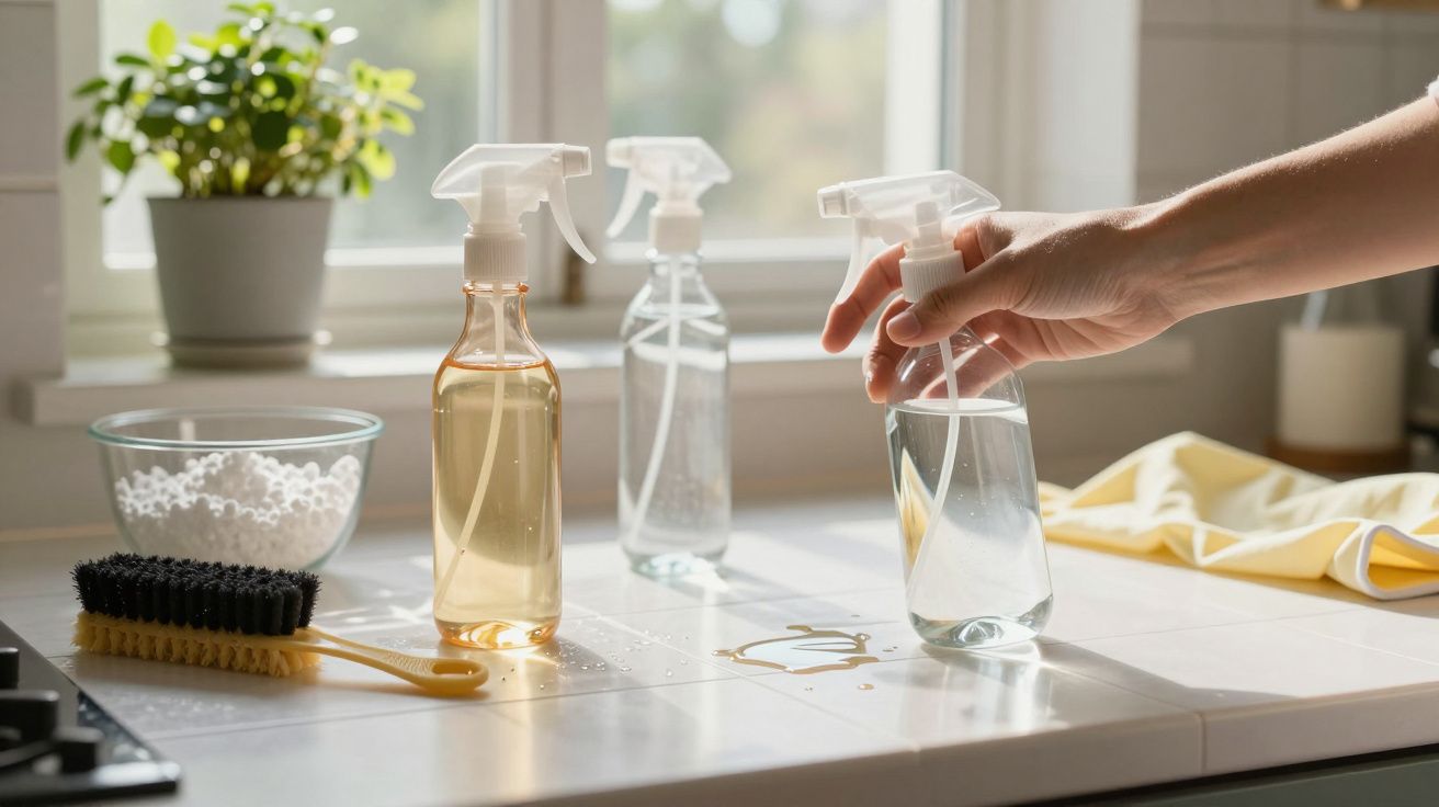 Frascos de spray e escova sobre bancada da cozinha com toalha amarela e planta ao fundo. Mão segura um dos frascos.