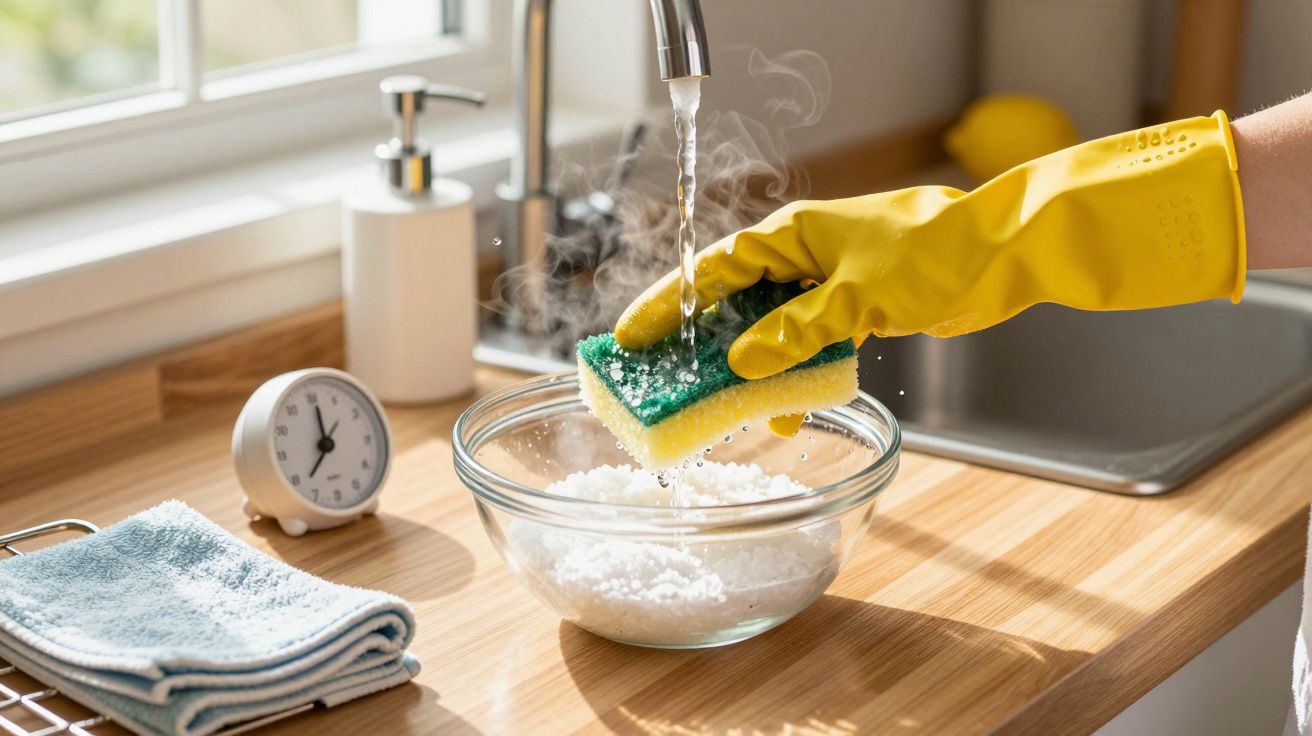 Mão com luva amarela lava esponja com água quente sobre uma tigela com detergente, com relógio e toalha ao lado.