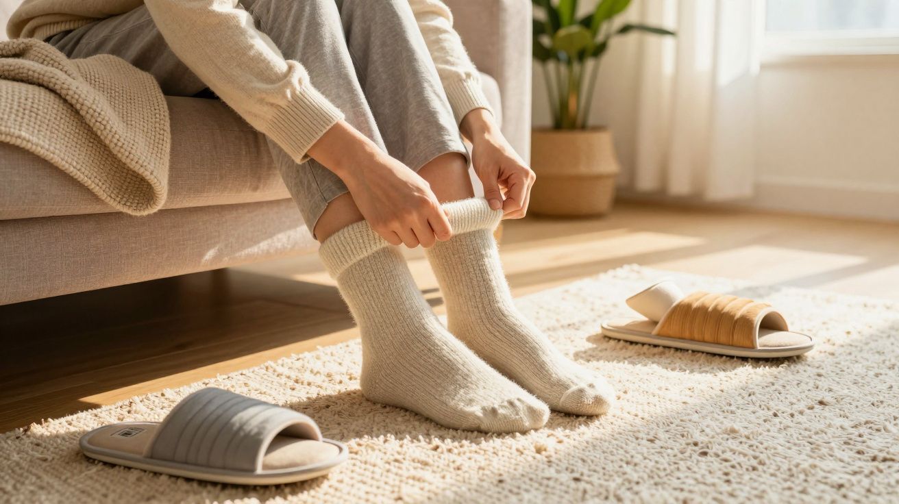 Pessoa sentada no sofá, a vestir meias de lã, com chinelos ao lado, numa sala iluminada pelo sol.