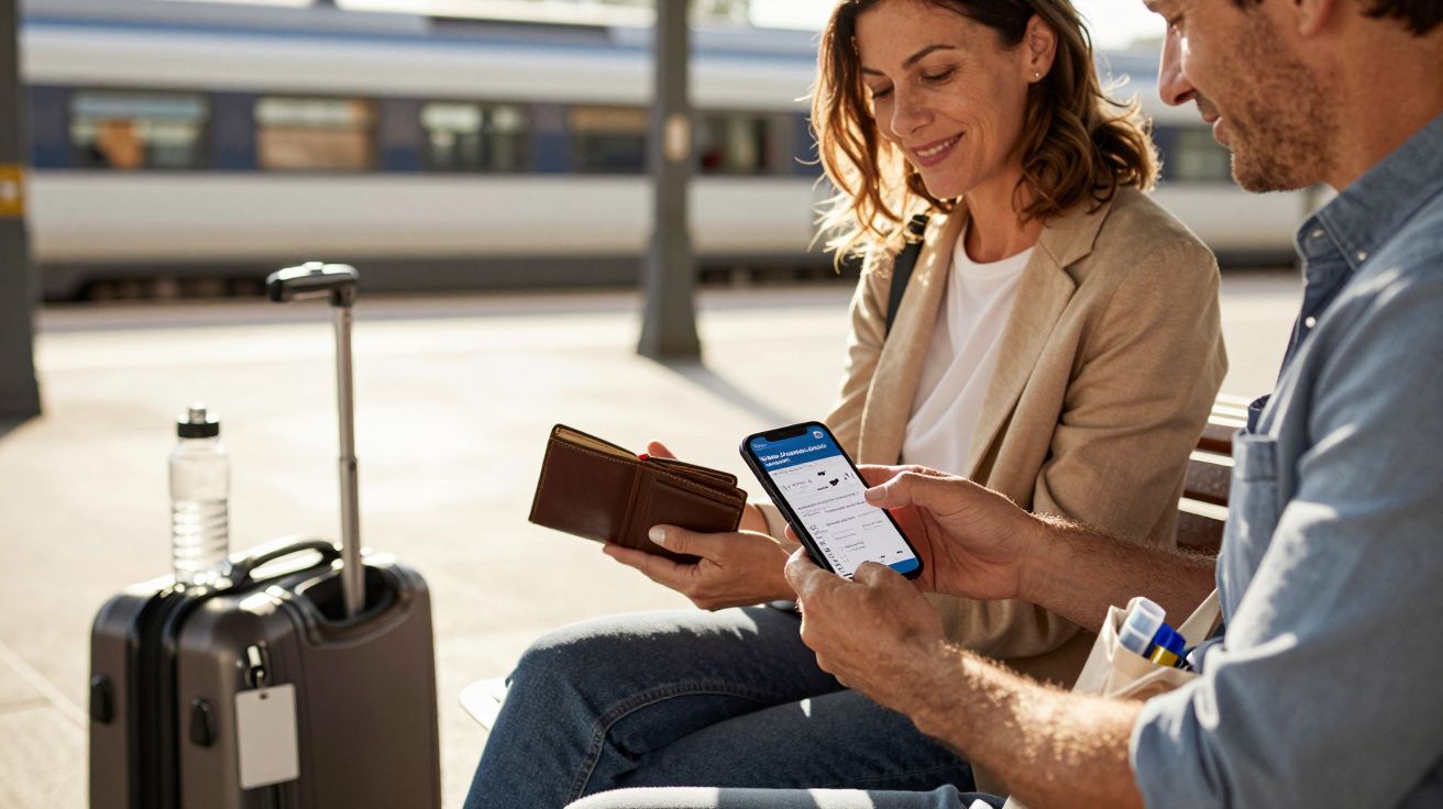 Casal sentado em estação ferroviária, homem consulta smartphone, mulher segura uma carteira, mala de viagem ao lado.