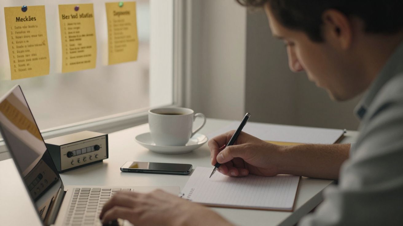 Homem escreve em bloco de notas numa mesa com portátil, chávena de café e post-its na janela.